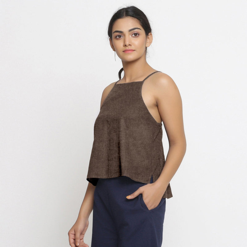Brown Cotton Linen Relaxed Fit Spaghetti Top