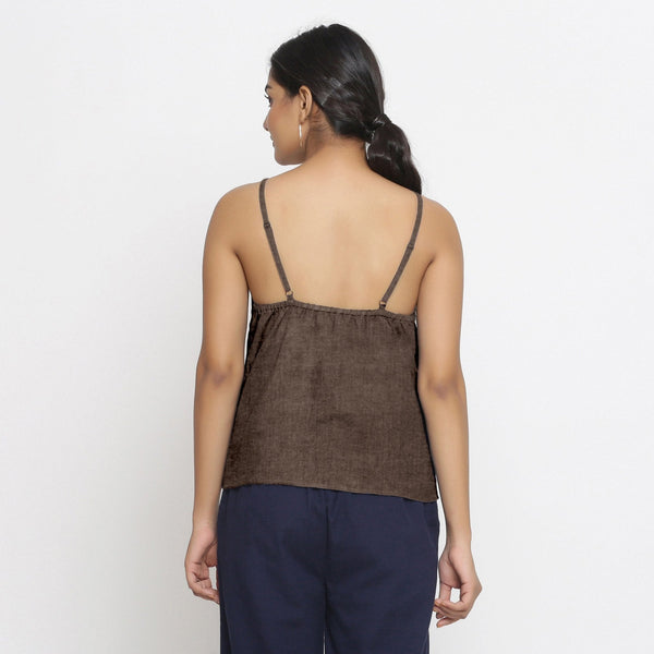 Brown Cotton Linen Relaxed Fit Spaghetti Top