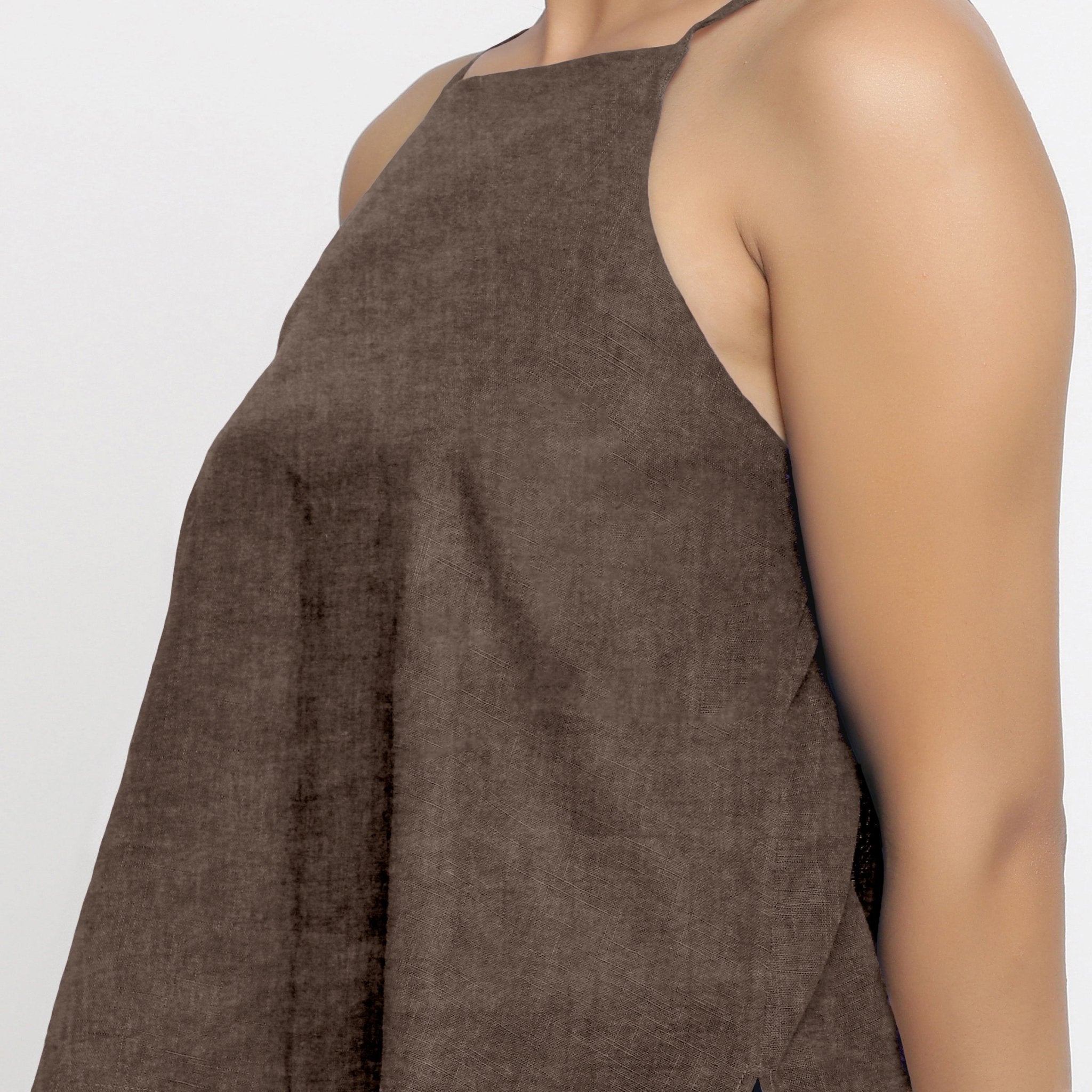 Brown Cotton Linen Relaxed Fit Spaghetti Top