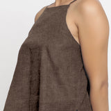 Brown Cotton Linen Relaxed Fit Spaghetti Top