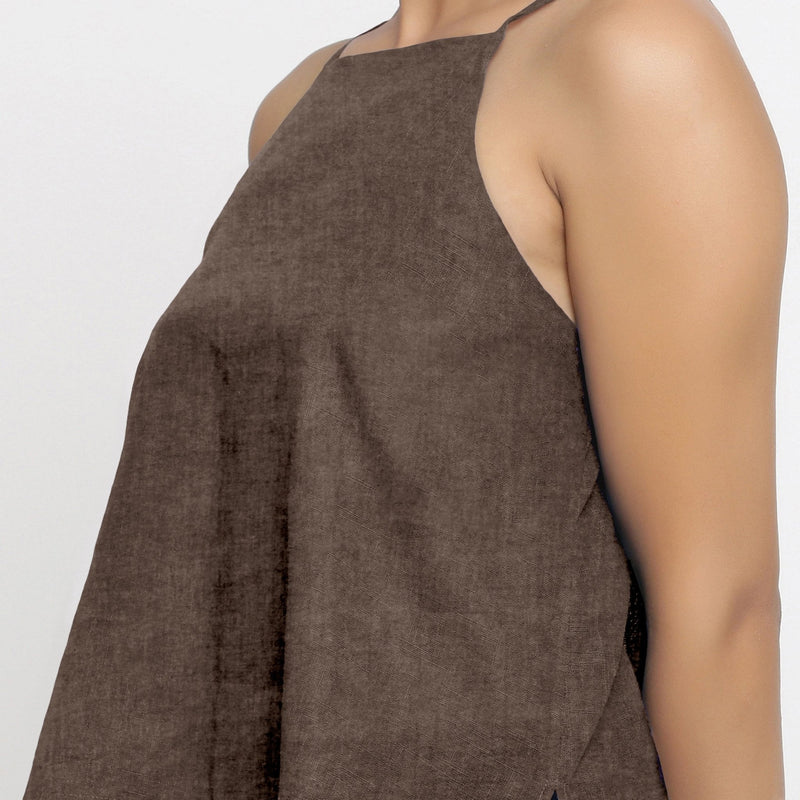 Brown Cotton Linen Relaxed Fit Spaghetti Top