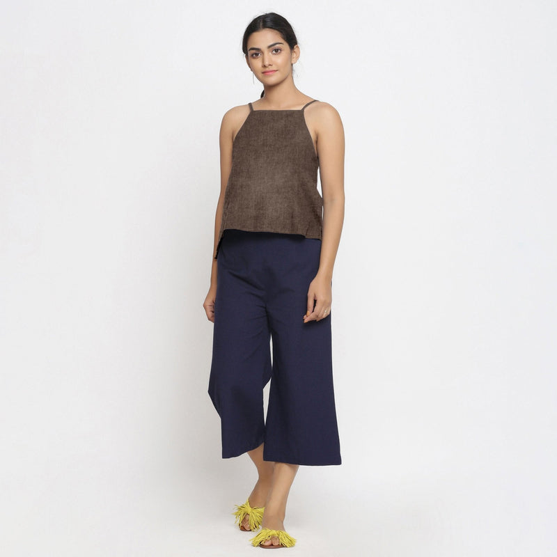 Brown Cotton Linen Relaxed Fit Spaghetti Top