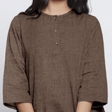 Brown Cotton Linen Round Neck A-Line Top