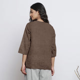 Brown Cotton Linen Round Neck A-Line Top