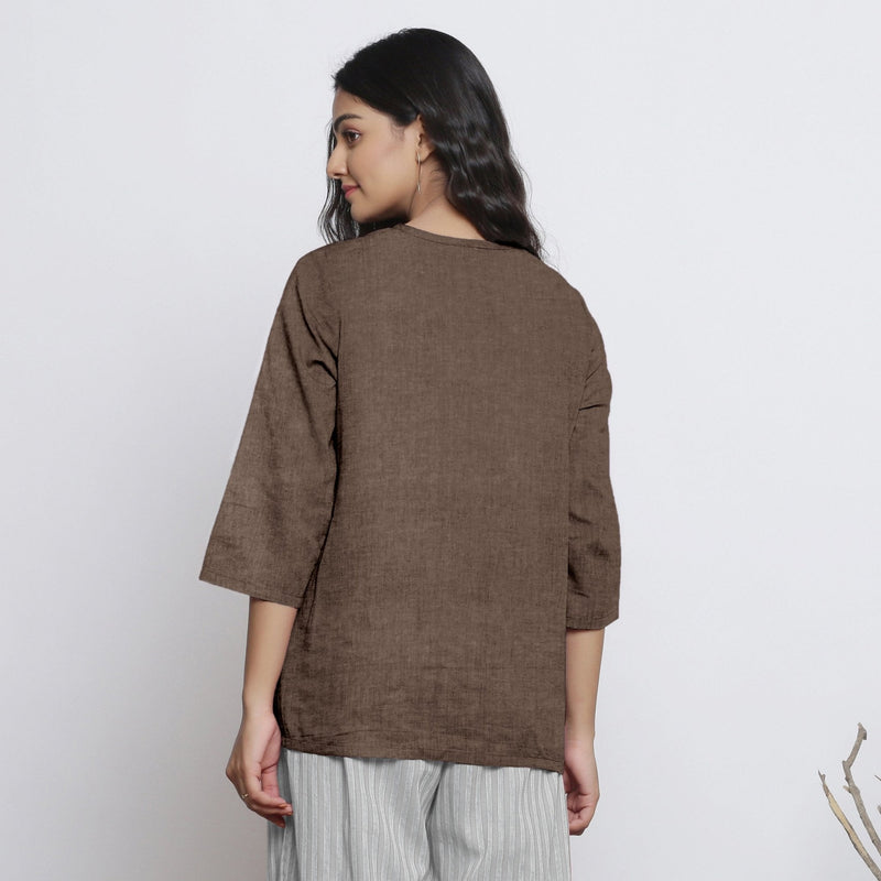 Brown Cotton Linen Round Neck A-Line Top