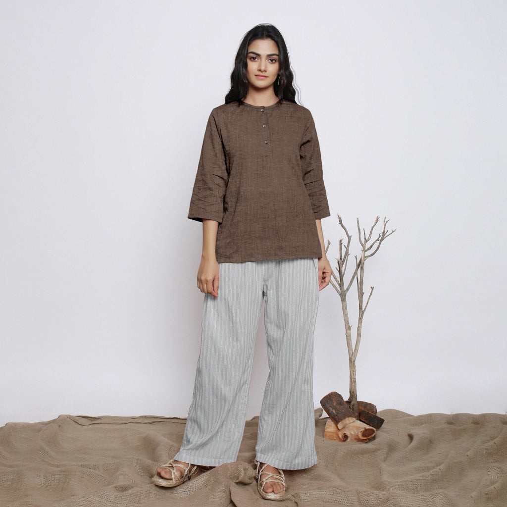 Brown Cotton Linen Round Neck A-Line Top