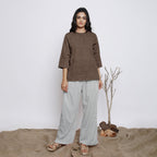 Brown Cotton Linen Round Neck A-Line Top