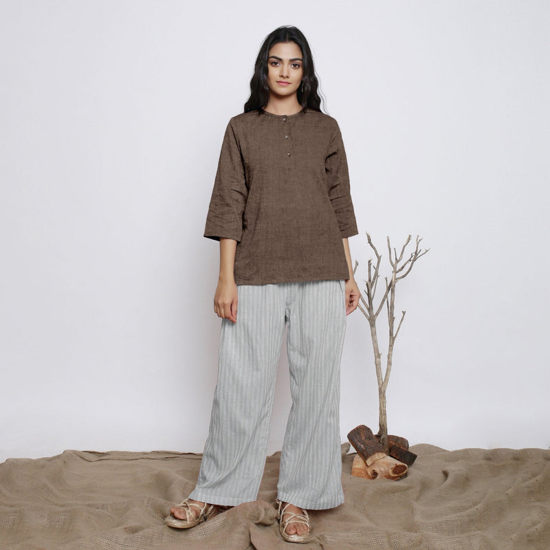 Brown Cotton Linen Round Neck A-Line Top