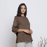 Brown Cotton Linen Round Neck A-Line Top
