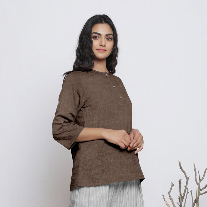Brown Cotton Linen Round Neck A-Line Top