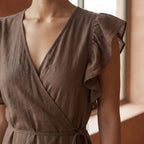 Brown Cotton Linen Ruffle Midi Wrap Dress