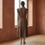 Brown Cotton Linen Ruffle Midi Wrap Dress
