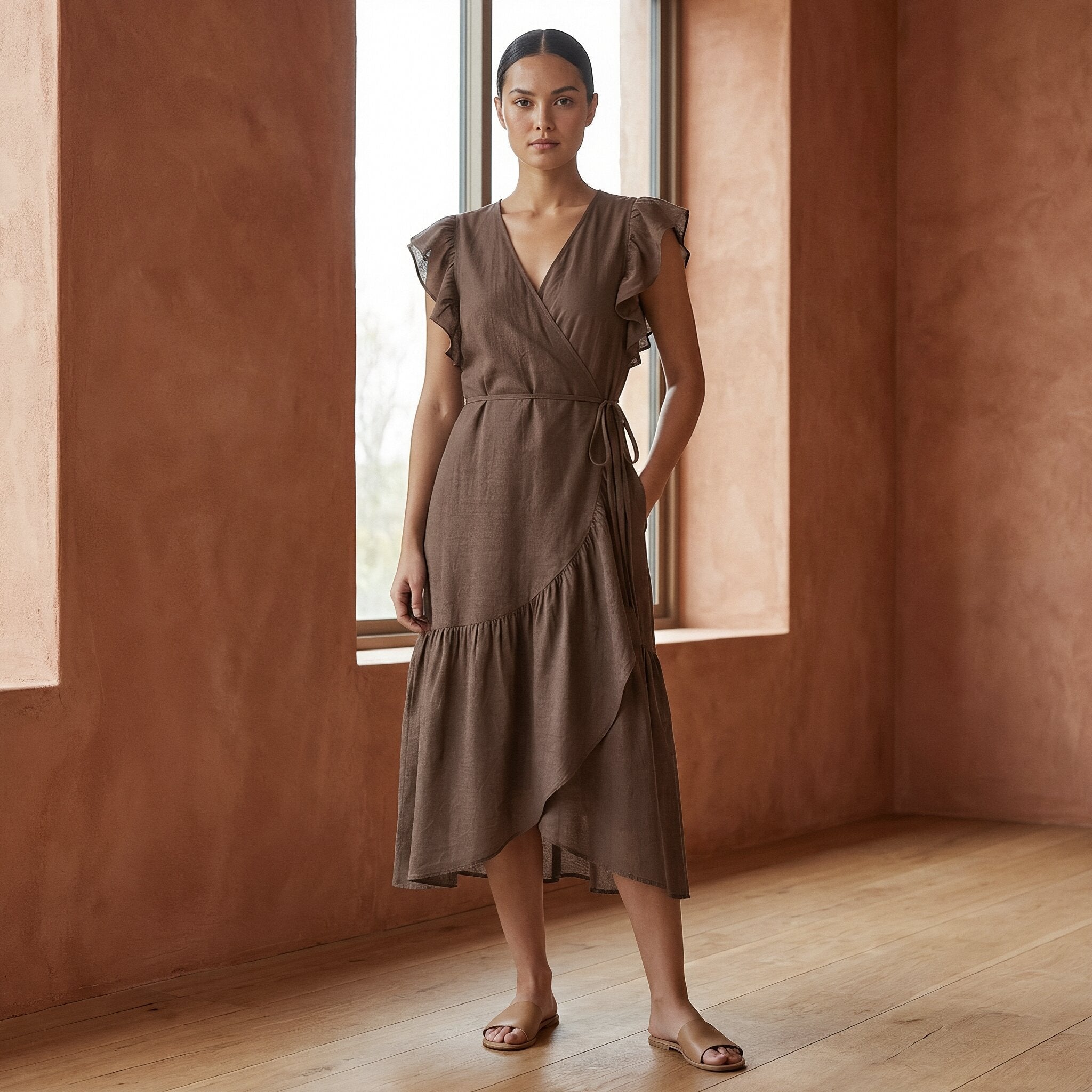 Brown Cotton Linen Ruffle Midi Wrap Dress