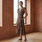 Brown Cotton Linen Ruffle Midi Wrap Dress