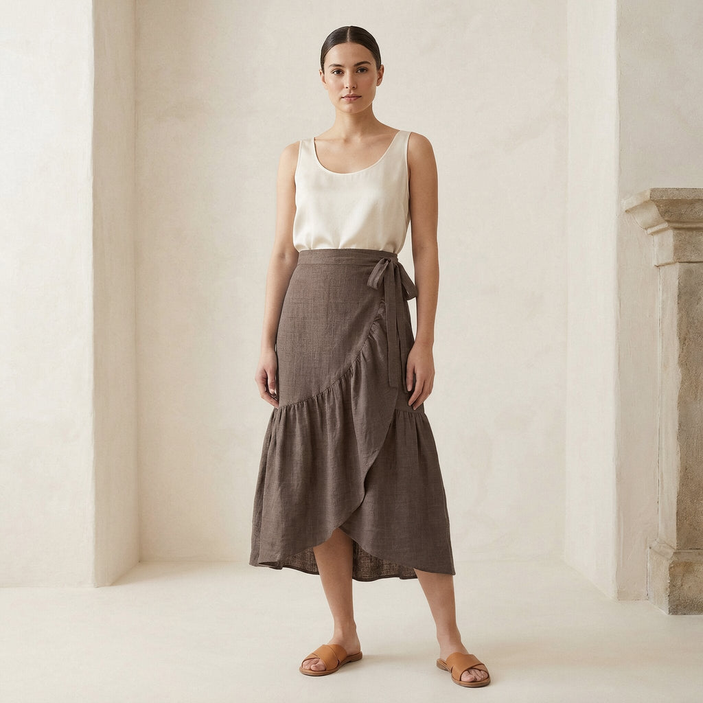 Brown Cotton Linen Ruffle Midi Wrap Skirt