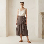 Brown Cotton Linen Ruffle Midi Wrap Skirt
