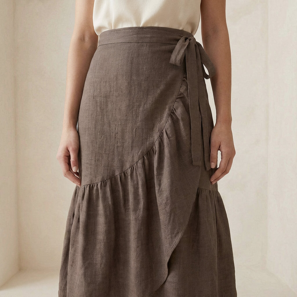 Brown Cotton Linen Ruffle Midi Wrap Skirt