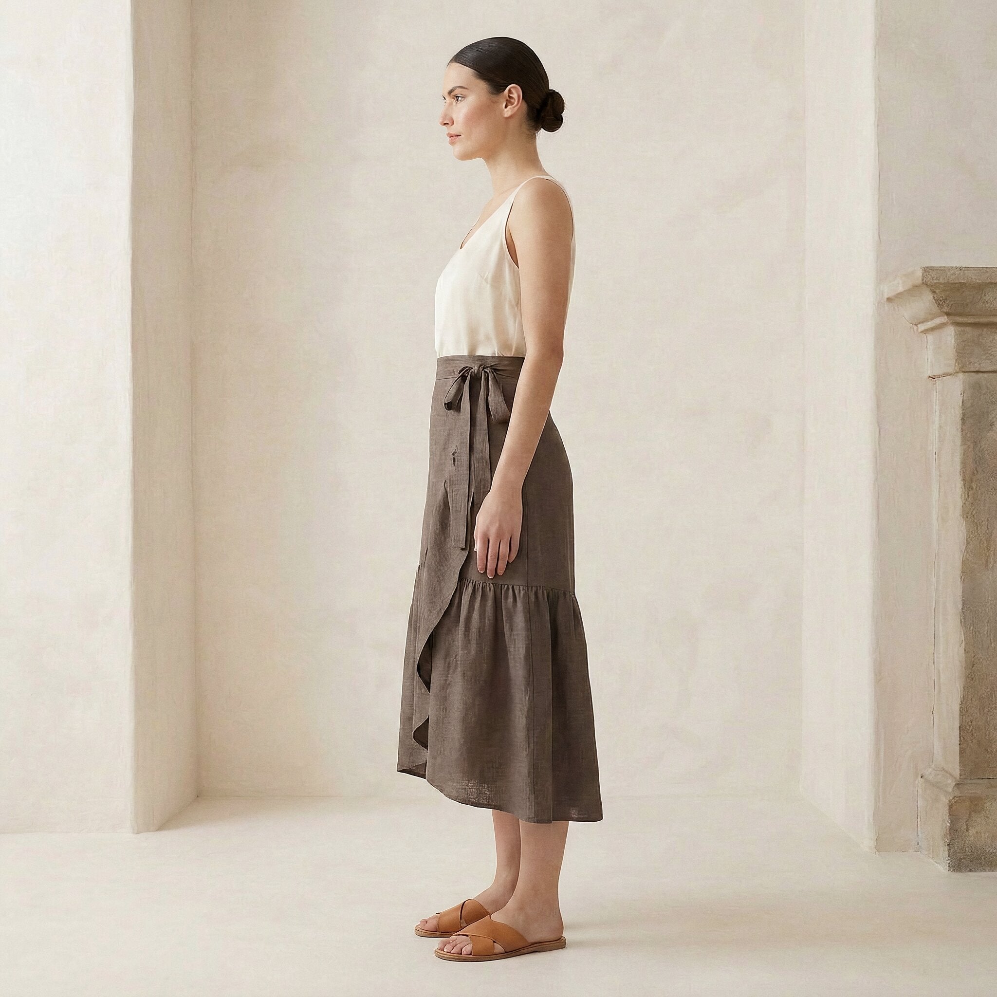 Brown Cotton Linen Ruffle Midi Wrap Skirt