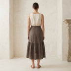 Brown Cotton Linen Ruffle Midi Wrap Skirt