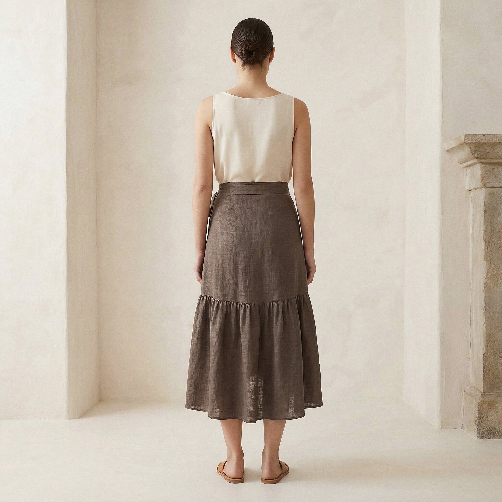 Brown Cotton Linen Ruffle Midi Wrap Skirt