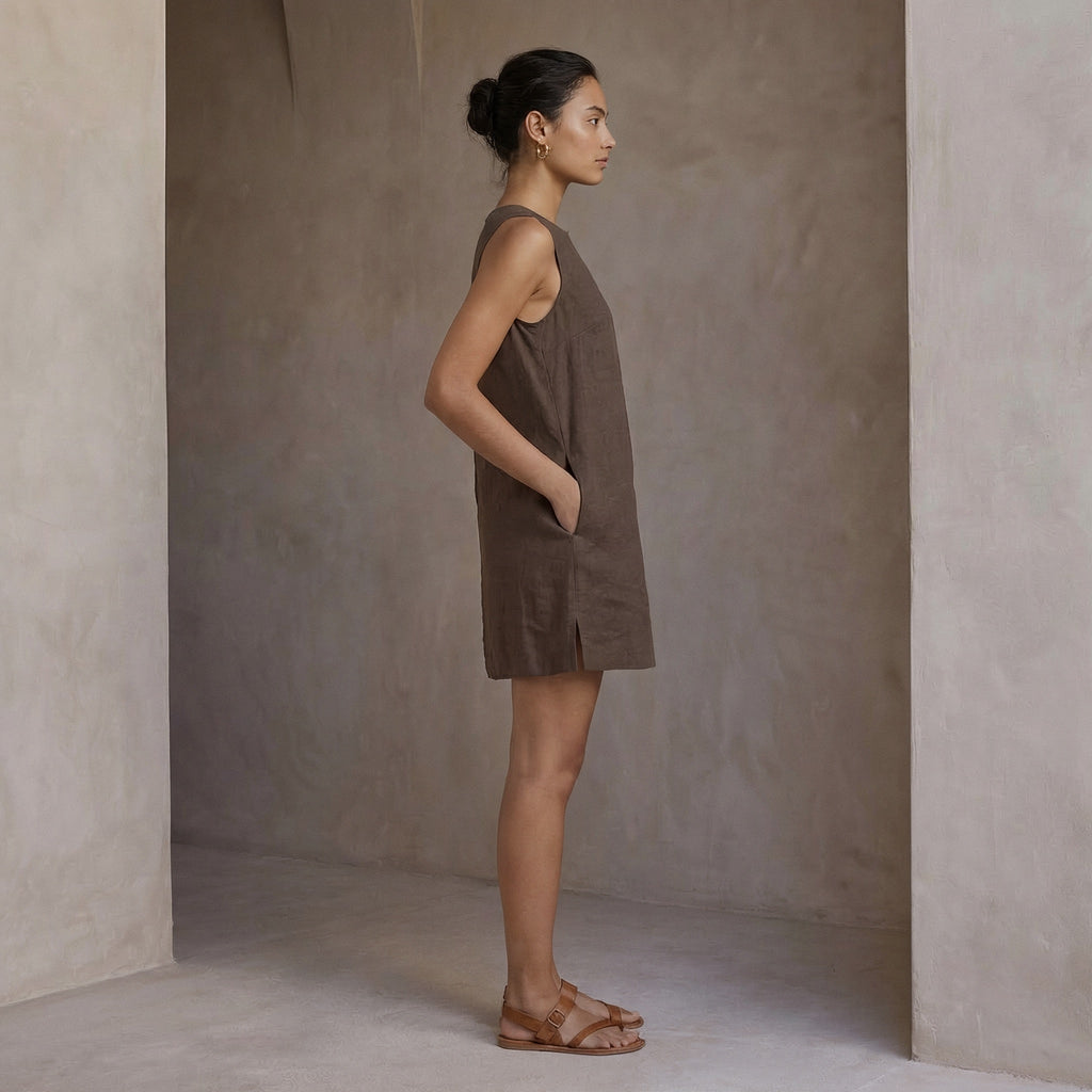 Brown Cotton Linen Sleeveless A-Line Short Shift Dress