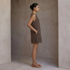 Brown Cotton Linen Sleeveless A-Line Short Shift Dress