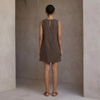 Brown Cotton Linen Sleeveless A-Line Short Shift Dress