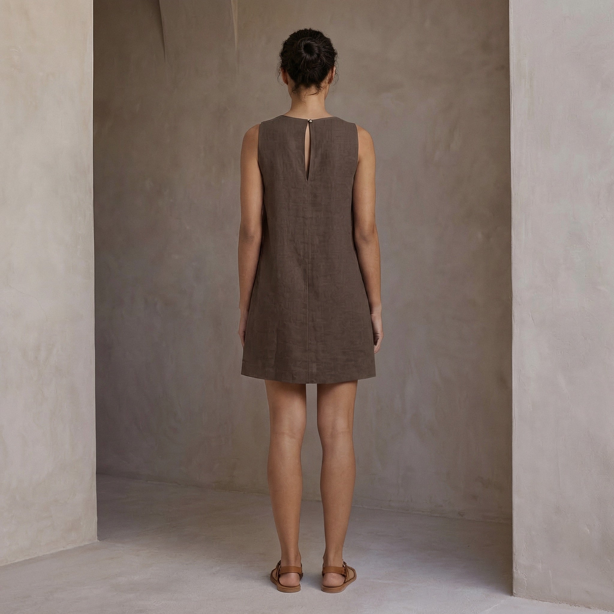 Brown Cotton Linen Sleeveless A-Line Short Shift Dress