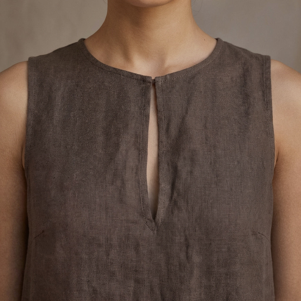 Brown Cotton Linen Sleeveless A-Line Short Shift Dress