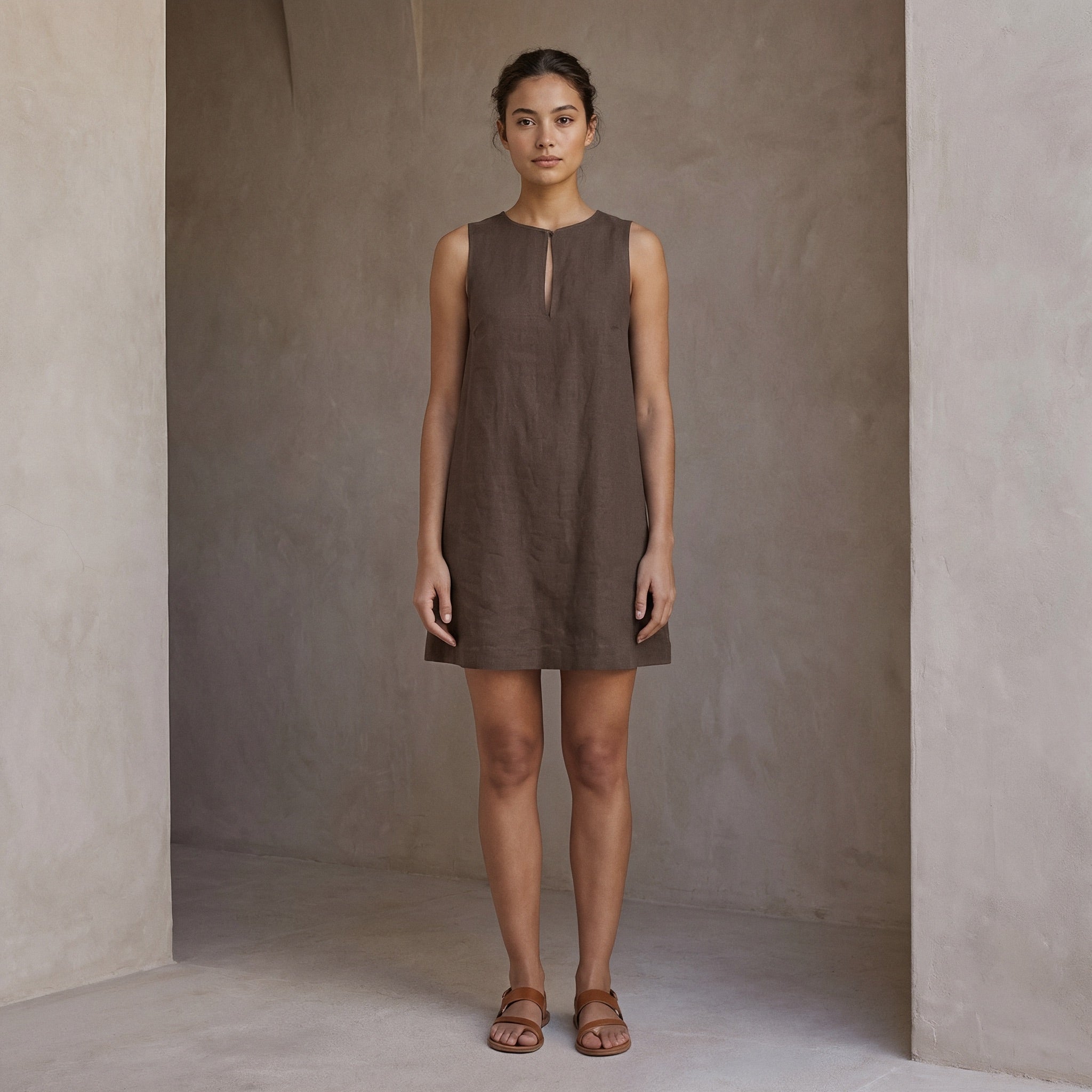 Brown Cotton Linen Sleeveless A-Line Short Shift Dress