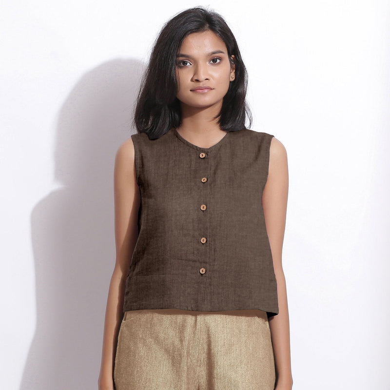 Brown Cotton Linen Sleeveless Button-Down Shirt