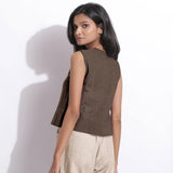 Brown Cotton Linen Sleeveless Button-Down Shirt