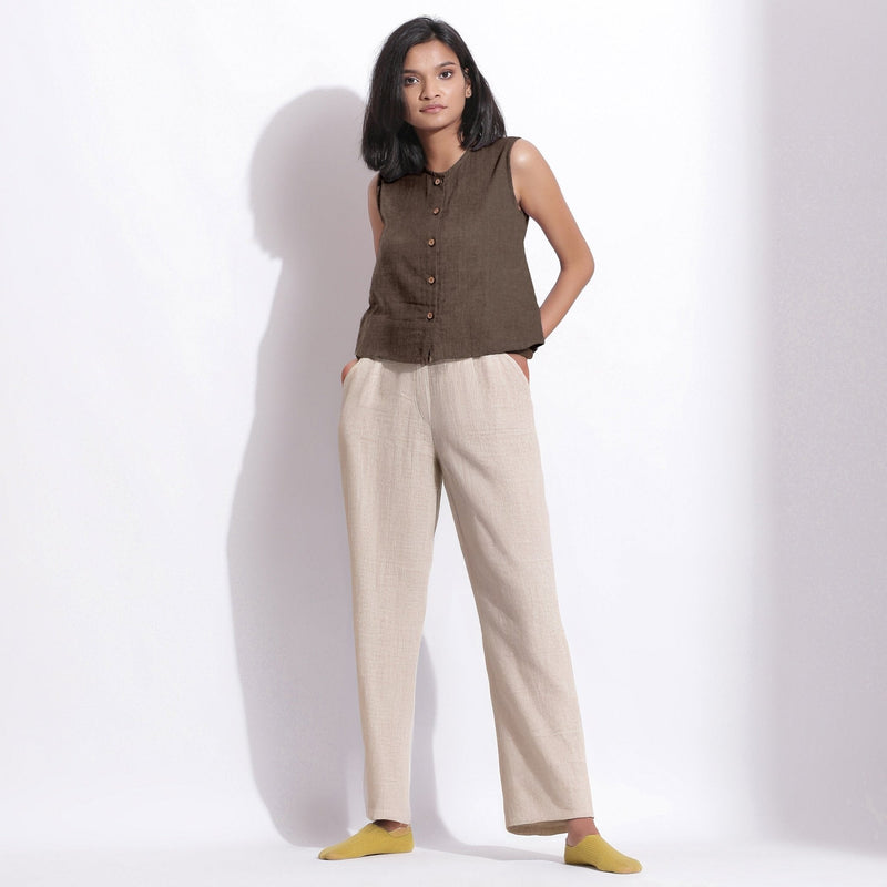 Brown Cotton Linen Sleeveless Button-Down Shirt