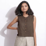 Brown Cotton Linen Sleeveless Button-Down Shirt