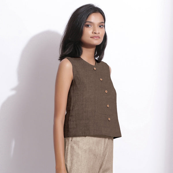 Brown Cotton Linen Sleeveless Button-Down Shirt