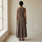 Brown Cotton Linen Sleeveless Paneled Maxi Dress