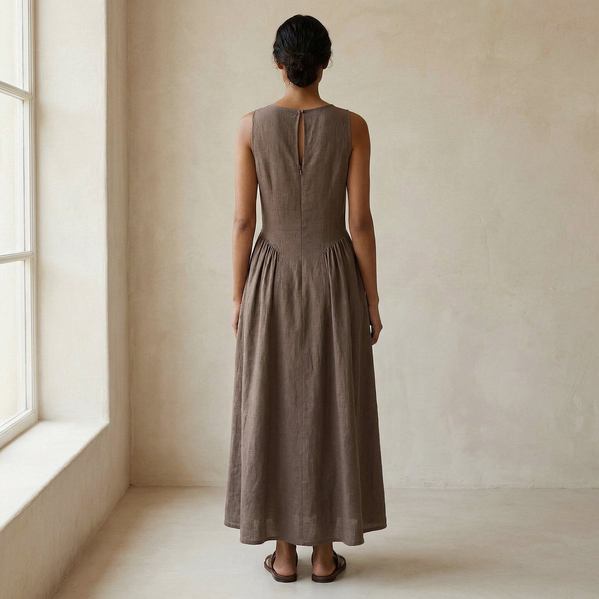 Brown Cotton Linen Sleeveless Paneled Maxi Dress