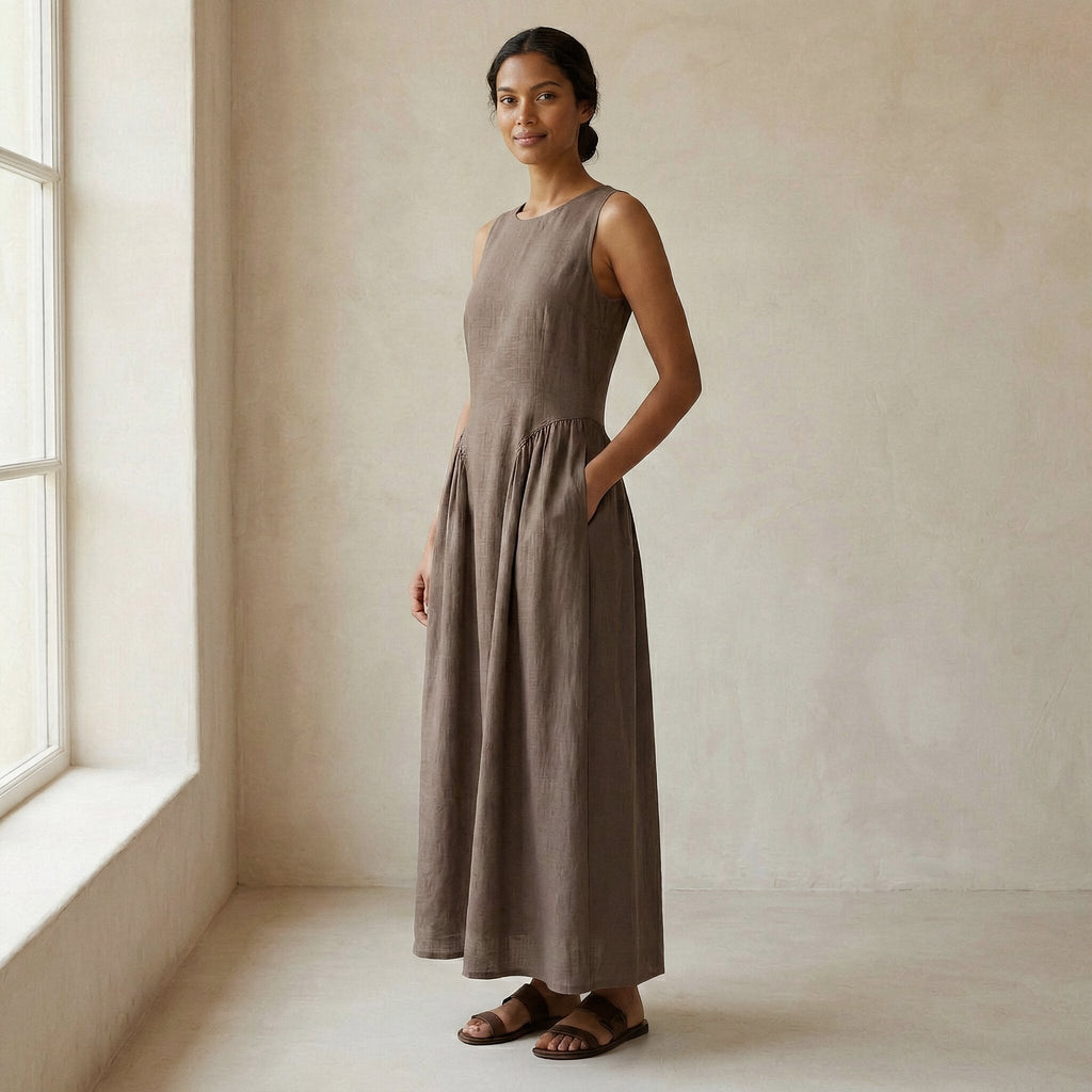 Brown Cotton Linen Sleeveless Paneled Maxi Dress