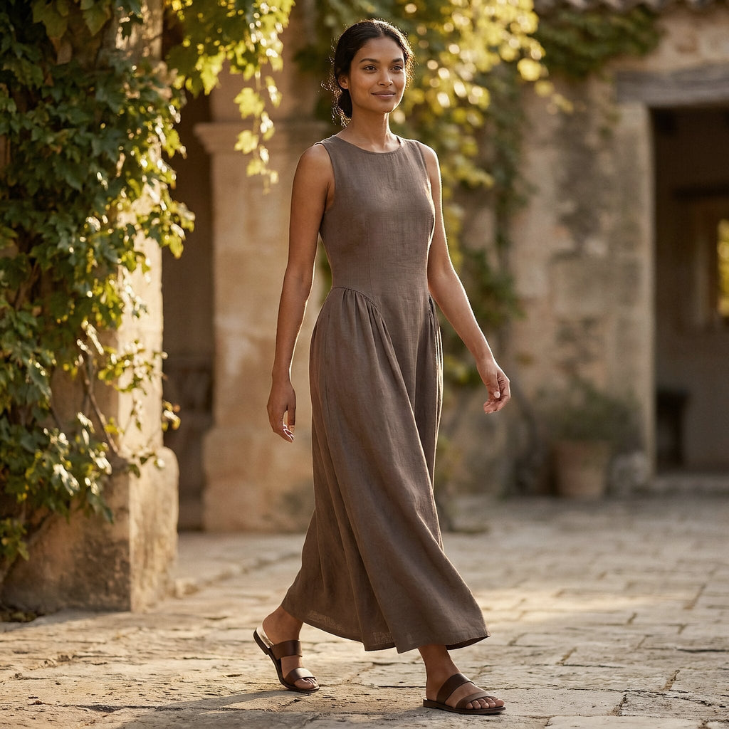 Brown Cotton Linen Sleeveless Paneled Maxi Dress