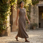Brown Cotton Linen Sleeveless Paneled Maxi Dress