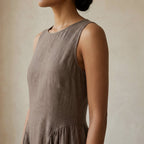 Brown Cotton Linen Sleeveless Paneled Maxi Dress