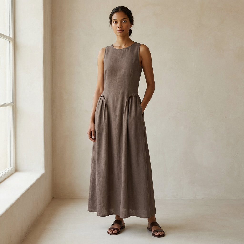 Brown Cotton Linen Sleeveless Paneled Maxi Dress