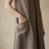 Brown Cotton Linen Sleeveless Paneled Swing Dress