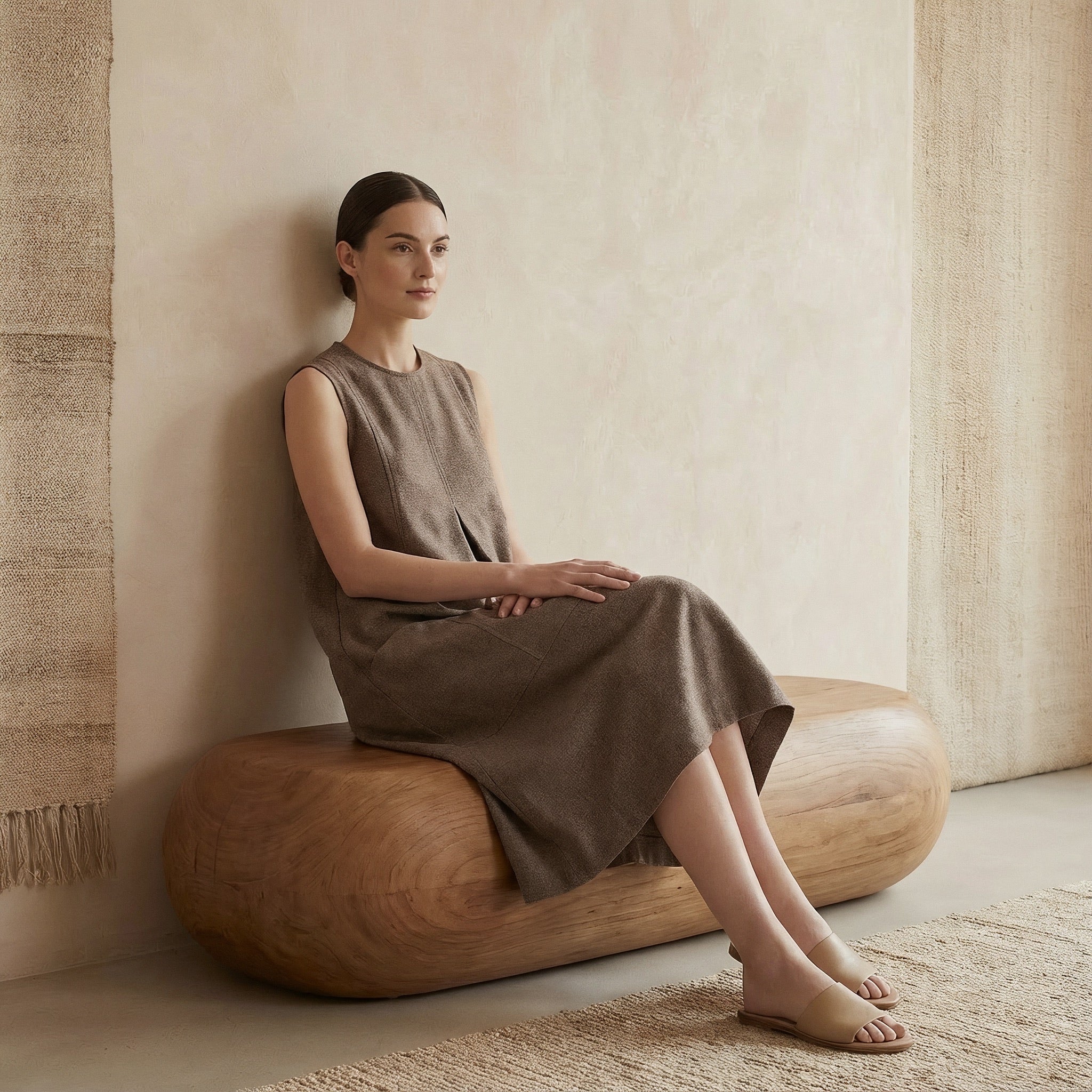 Brown Cotton Linen Sleeveless Paneled Swing Dress