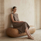 Brown Cotton Linen Sleeveless Paneled Swing Dress