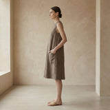 Brown Cotton Linen Sleeveless Paneled Swing Dress