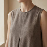 Brown Cotton Linen Sleeveless Paneled Swing Dress