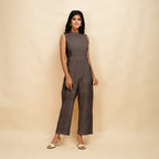 Brown Cotton Linen Sleeveless Princess Line Jumpsuit