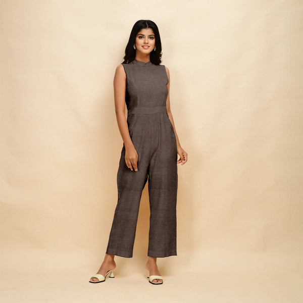 Brown Cotton Linen Sleeveless Princess Line Jumpsuit