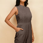 Brown Cotton Linen Sleeveless Princess Line Jumpsuit
